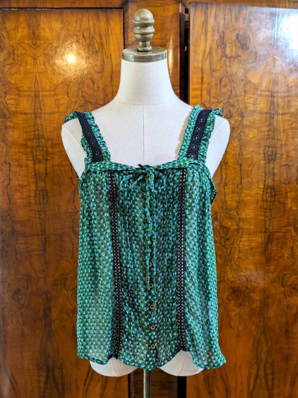 Anthropologie Bardot Print Crochet Lace Tank Top Size 00 Green Blue Geometric